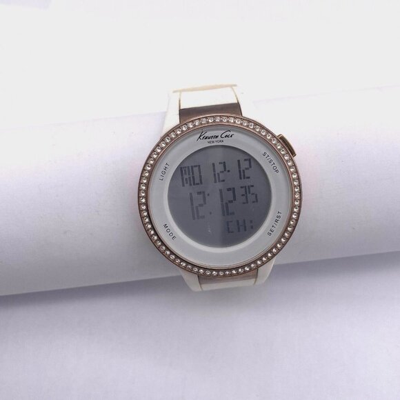 Kenneth Cole Rhinestone Digital Round Watch Unisex White Rubber Band - Picture 4 of 5
